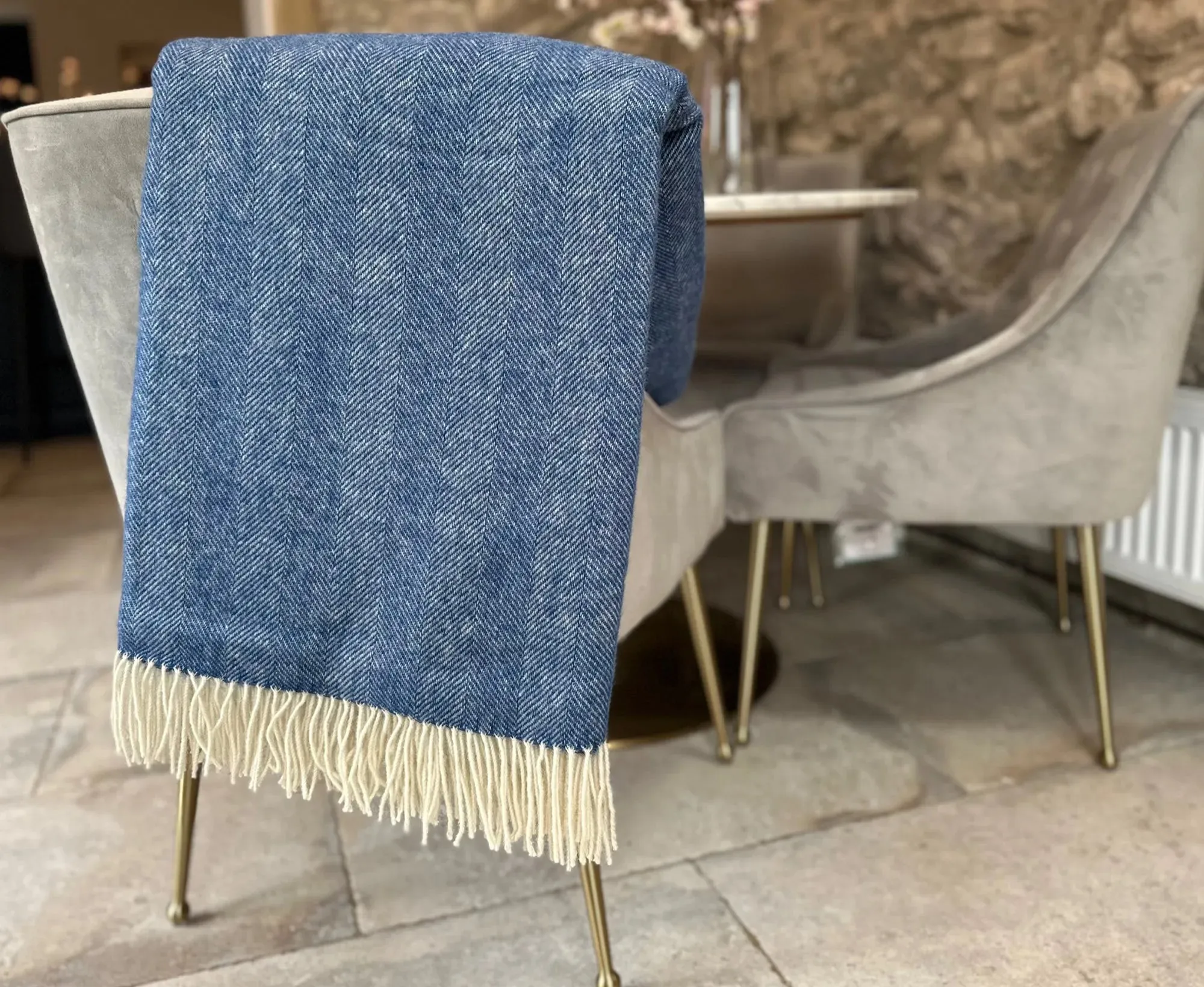 100% Lambswool Herringbone Throw Air Force Blue