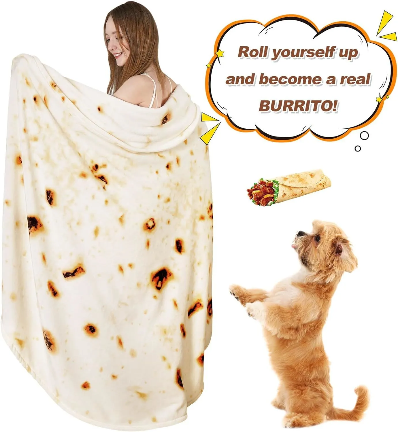 71IN Burritos Double Sided Blankets Adult Size, Tortilla Blanket for Kids, Cool Stuff Gifts for Man and Boys, Novelty Food Wrap Blanket, Taco Blankets for Birthday Gifts White Elephant