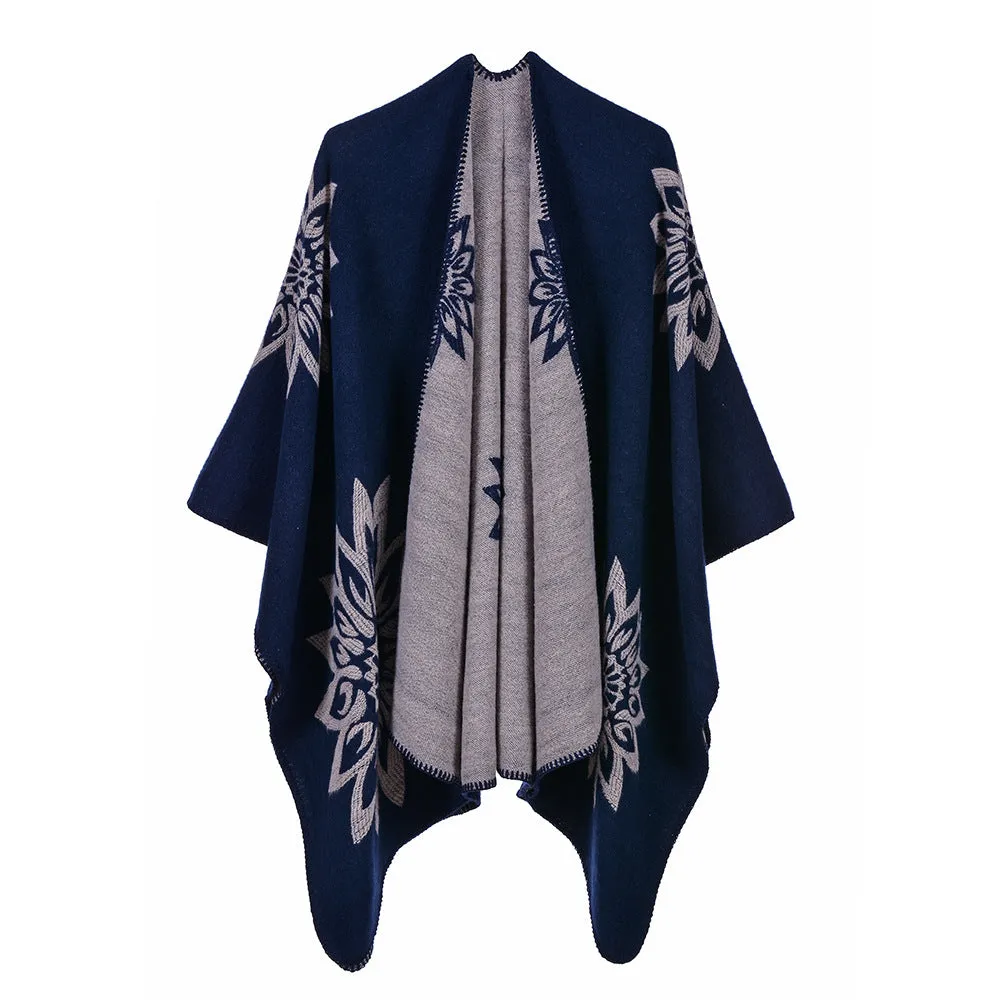 Autumn and winter long shawl dual-use travel warm double-sided cashmere flower cape