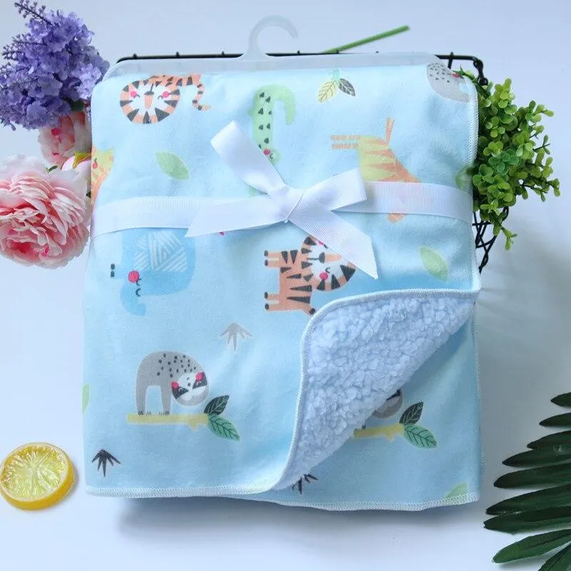 Baby Thick Double Layer Cartoon Polar Fleece Swaddle Stroller Wrap Blankets