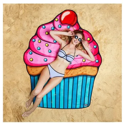 Beach Towel Doughnut Round Picnic Mat Fashionable Pizza Hamburger Fruit 150*150cm Microfiber Tapestry Bath Blanket