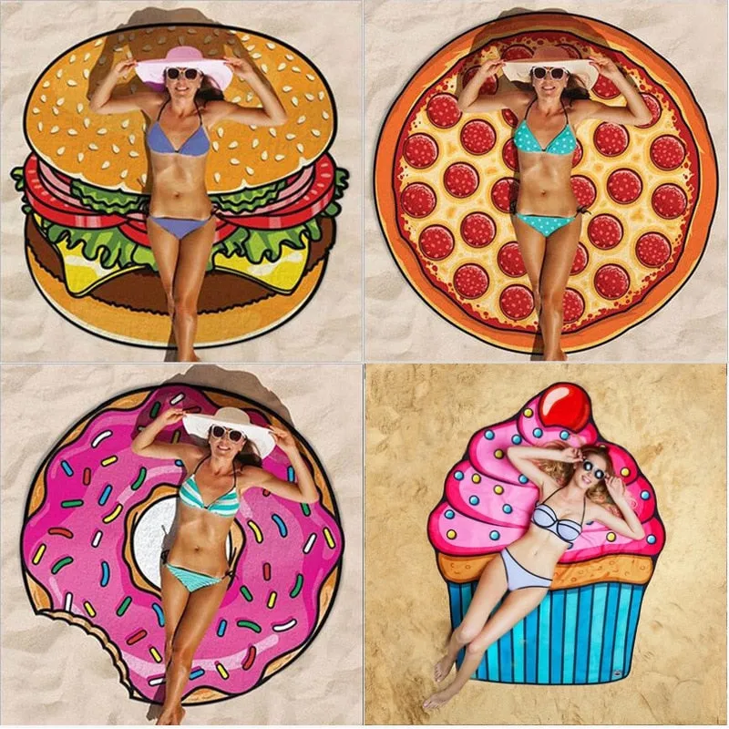 Beach Towel Doughnut Round Picnic Mat Fashionable Pizza Hamburger Fruit 150*150cm Microfiber Tapestry Bath Blanket