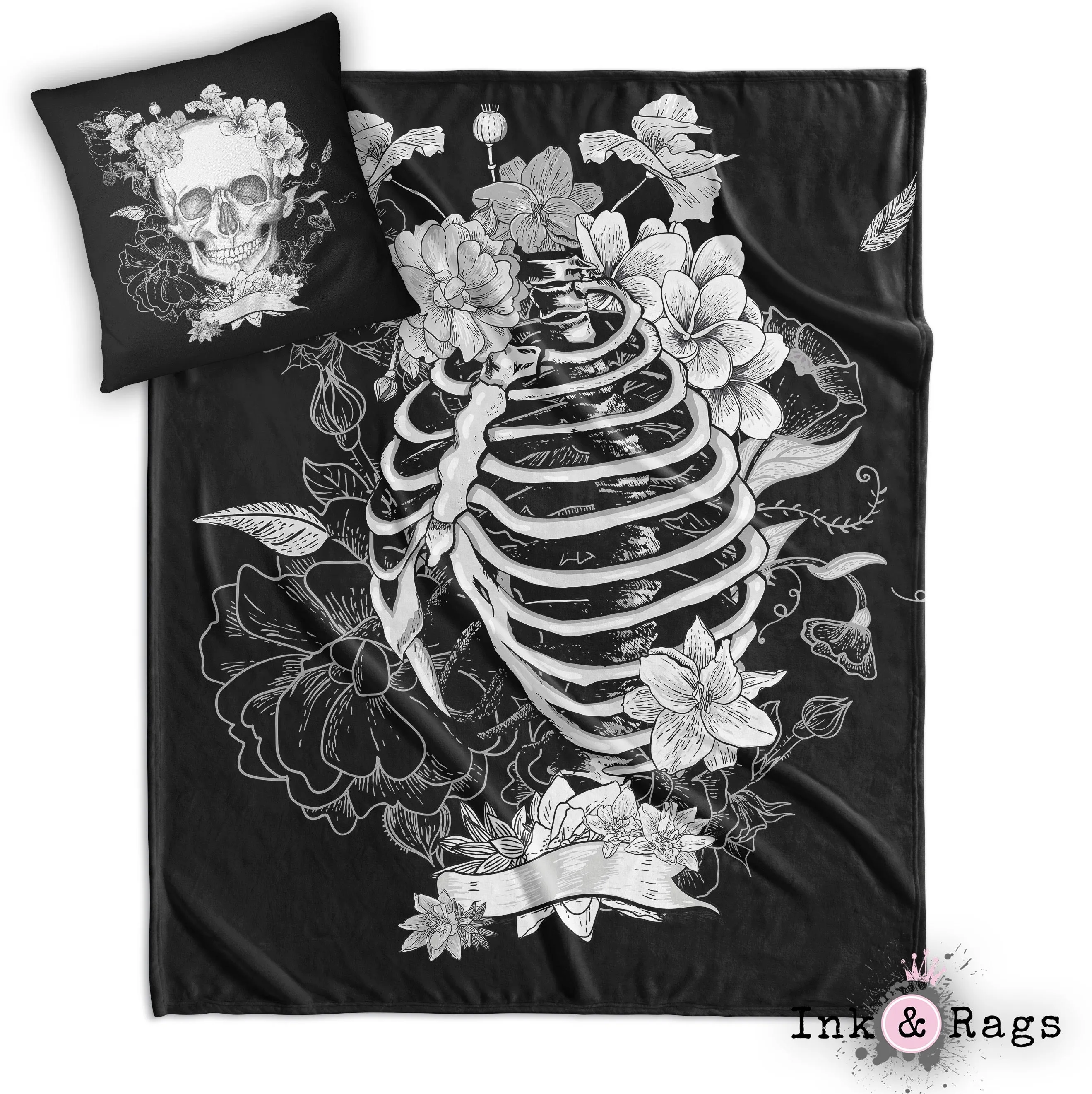 Black and White Skull and Torso Skeleton Decorative Throw and Pillow Cover Set