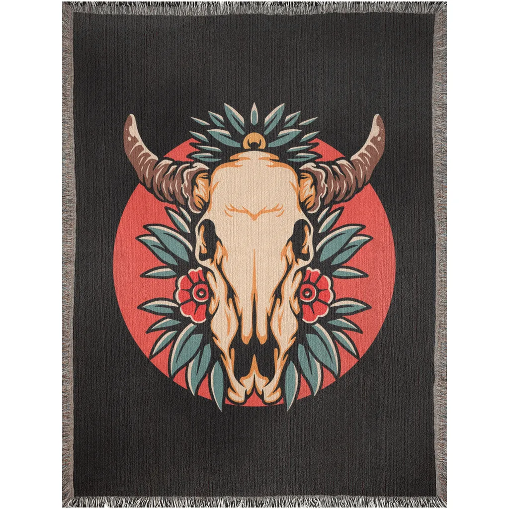 Bull Skull and Roses Traditional Tattoo Style Woven Fringe Blanket / / Wall tapestry, throw for sofa, maximalist decor, tattoo home decor