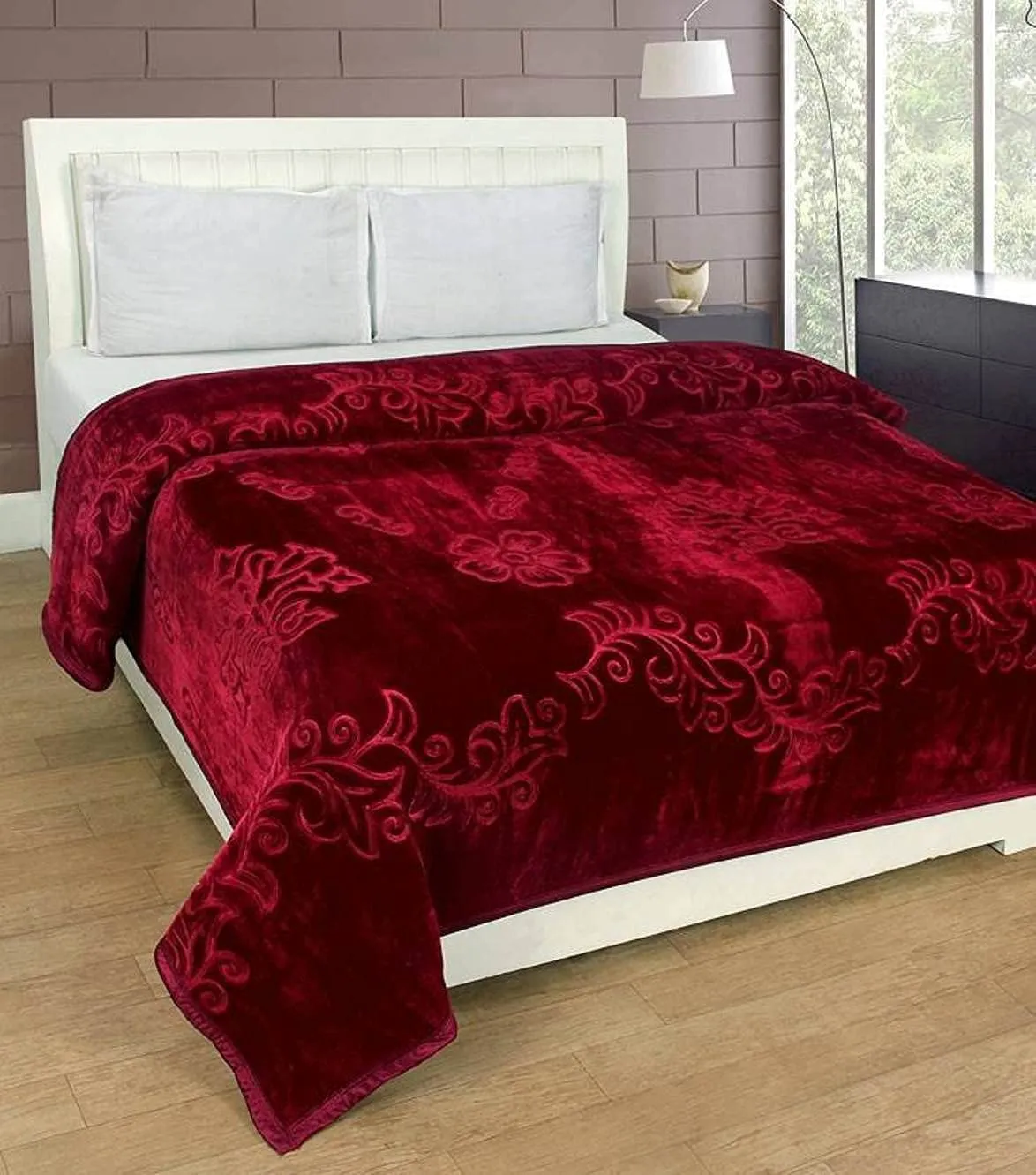 Changers Solid Colour Ultra Soft Floral Double Bed Heavy Mink Embossed Winter Blanket(Maroon, Double)