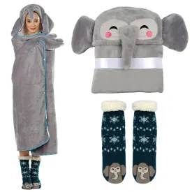 Elephant Gifts for Women - Elephant Hooded Blanket with Fuzzy Socks - Cozy Wearable Blankets with Winter Socks - FUNCREDIBLE