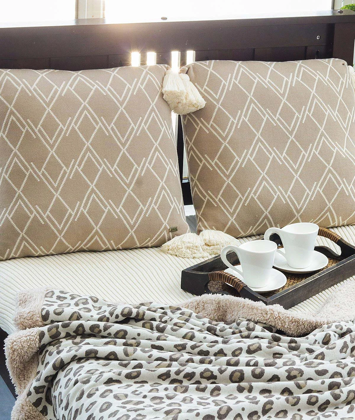 Leopard Design - Pale Whisper Cotton Knitted Single Bed Blanket layered with Warm Sherpa Fabric