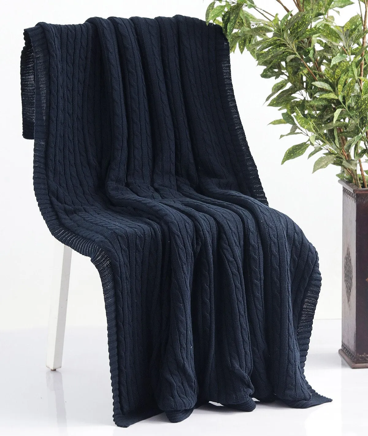 Mini Cable Knit - Navy Cotton Knitted Throw Blanket with Warm Sherpa Fabric Back