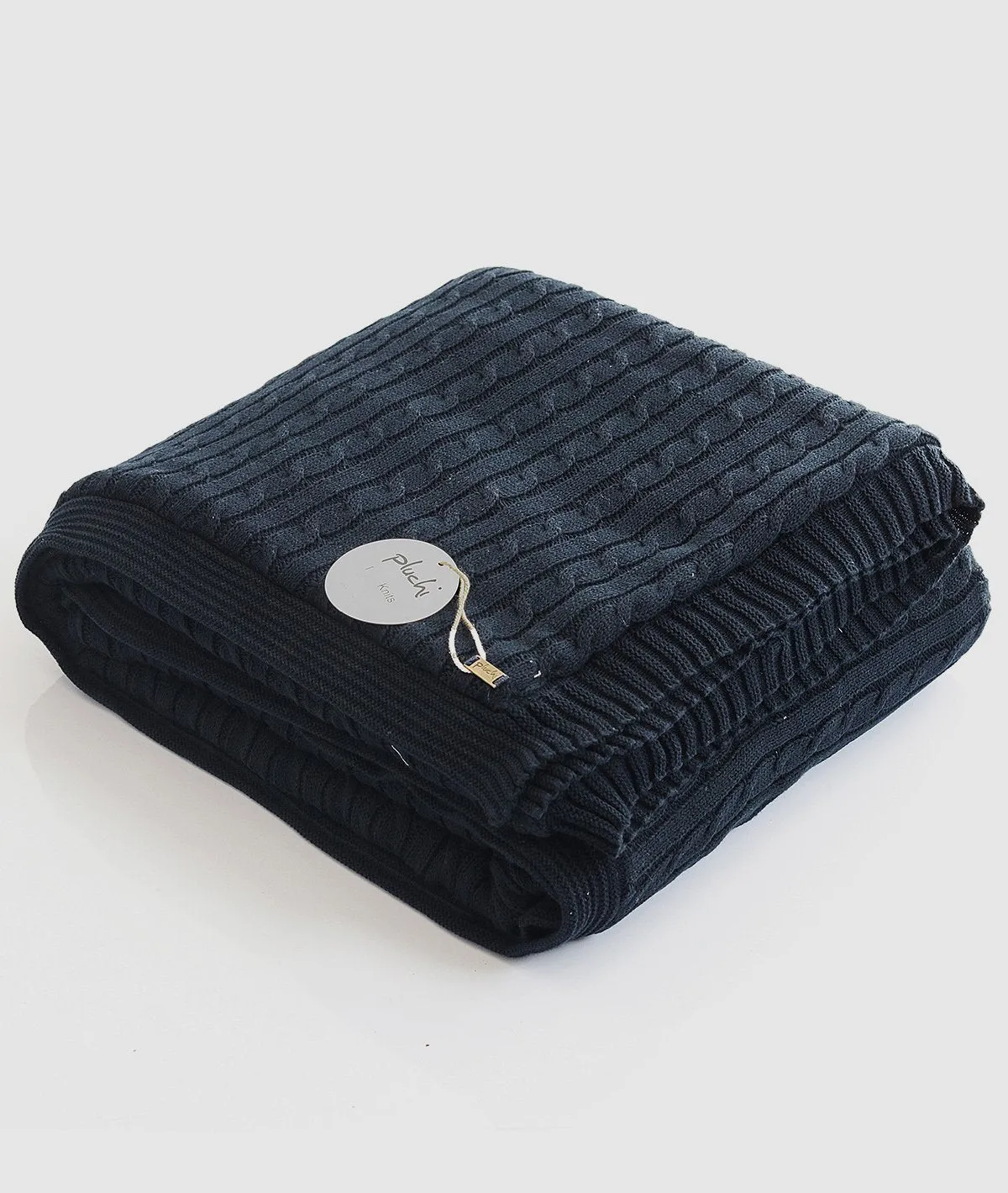 Mini Cable Knit - Navy Cotton Knitted Throw Blanket with Warm Sherpa Fabric Back