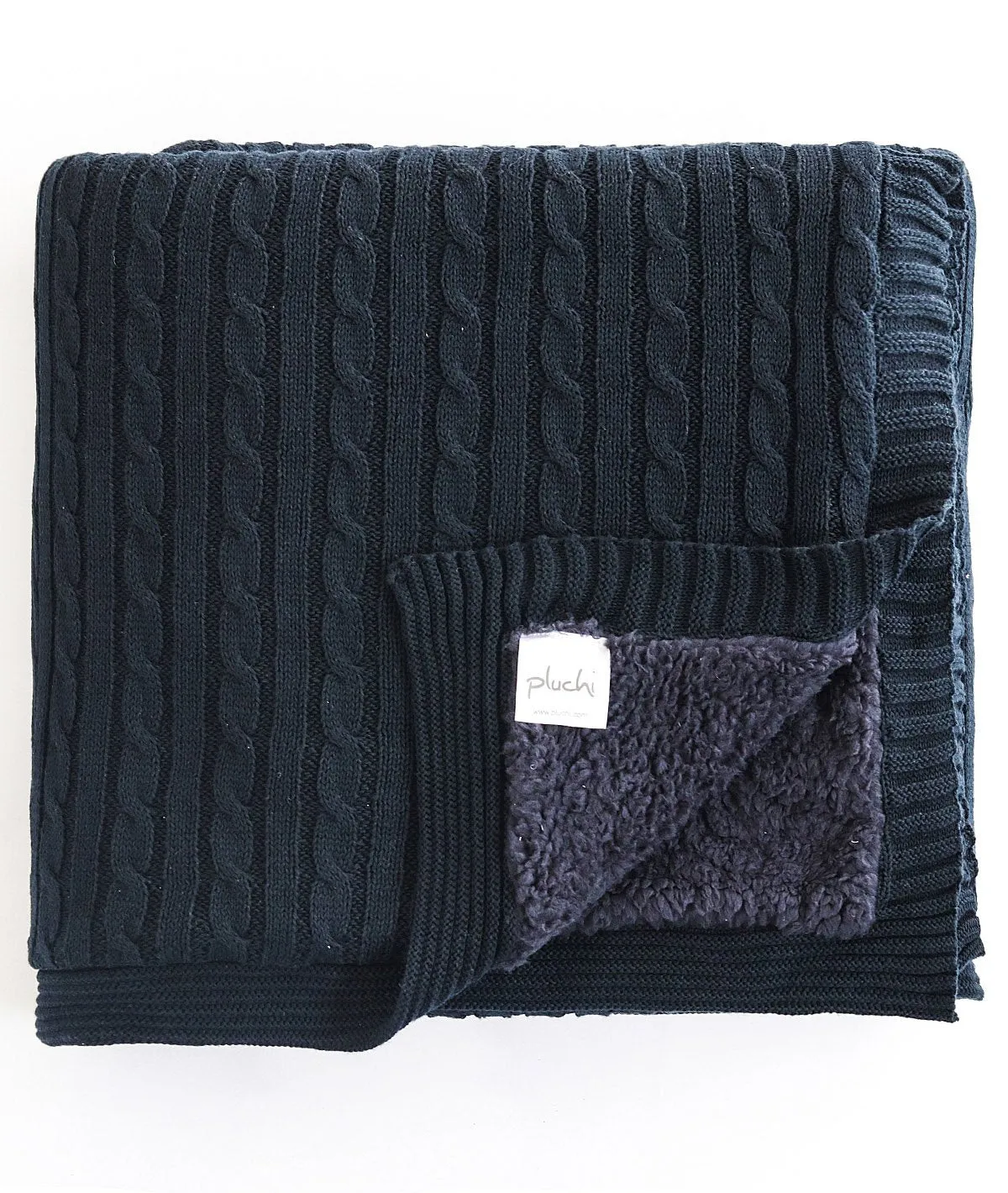 Mini Cable Knit - Navy Cotton Knitted Throw Blanket with Warm Sherpa Fabric Back