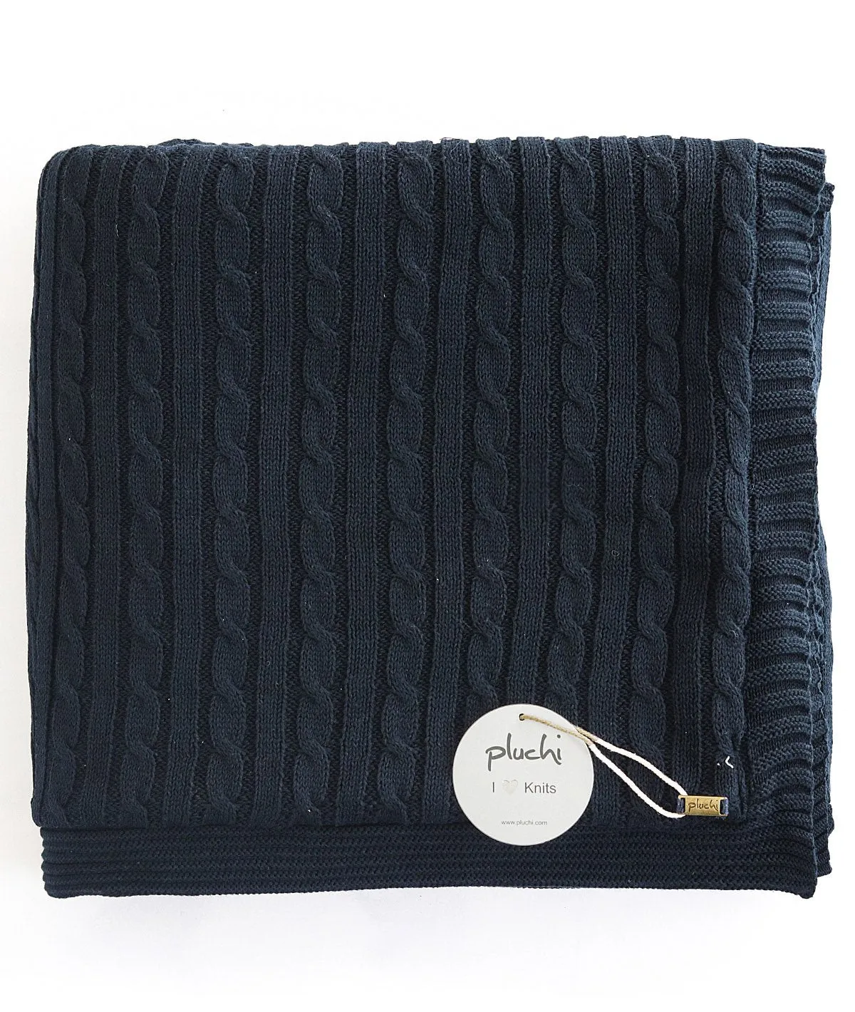 Mini Cable Knit - Navy Cotton Knitted Throw Blanket with Warm Sherpa Fabric Back