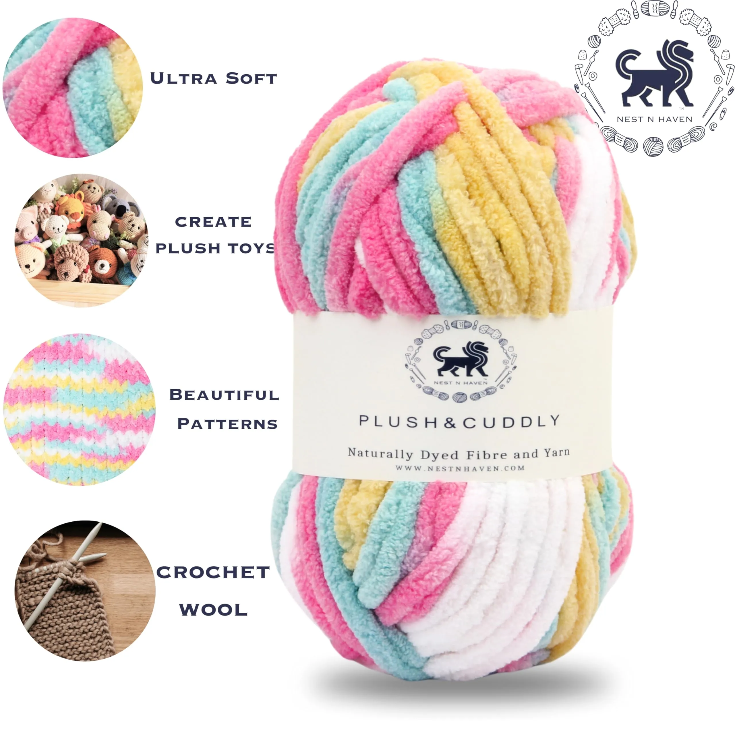 NESTNHAVEN, Plush & Cuddly, Chenille Yarn Supersoft Knitting Wool Ball, 200 Grams (2Balls / 100 Gram Each) Multi Colour Ball Suitable for Craft, Babywear, Baby Blankets, 5 Bulky, Shade no - NNHB008