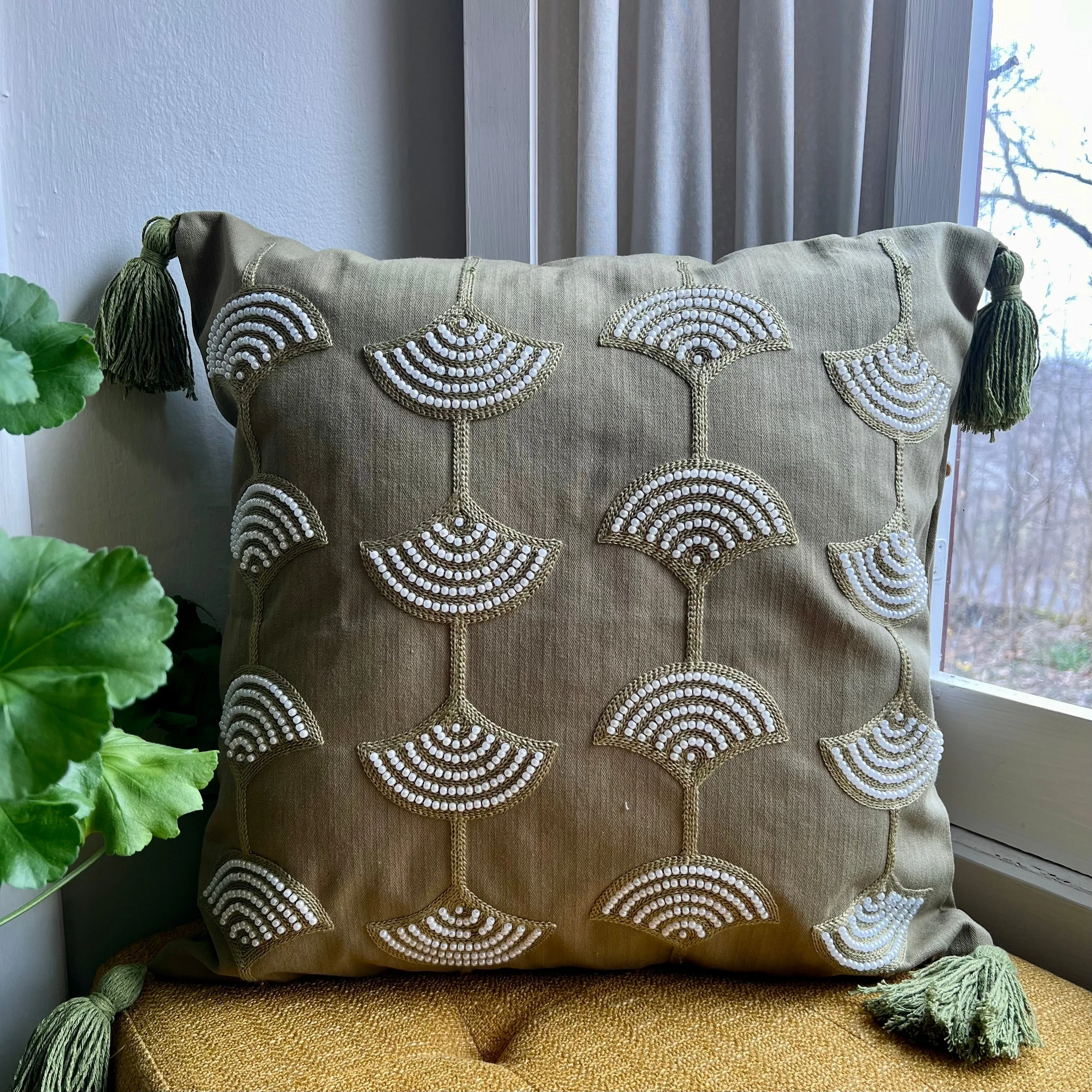 Olive Green Pearl Rainbow Tassel Pillow Cover