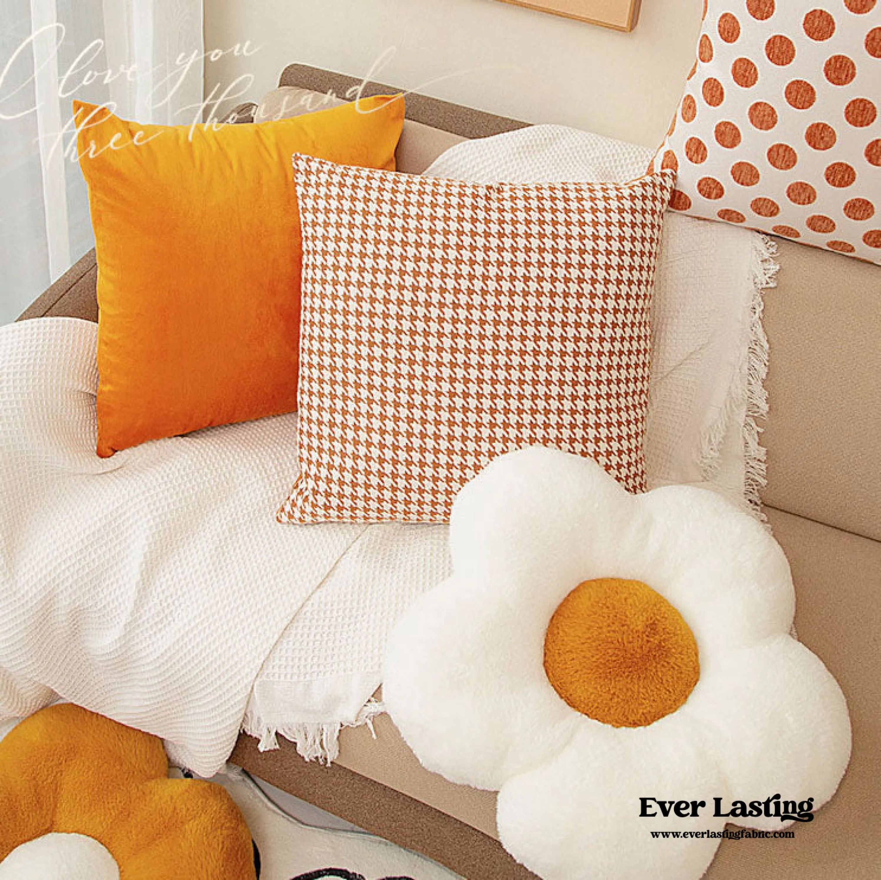 Orange Flower Pillow Set / Polka Dot