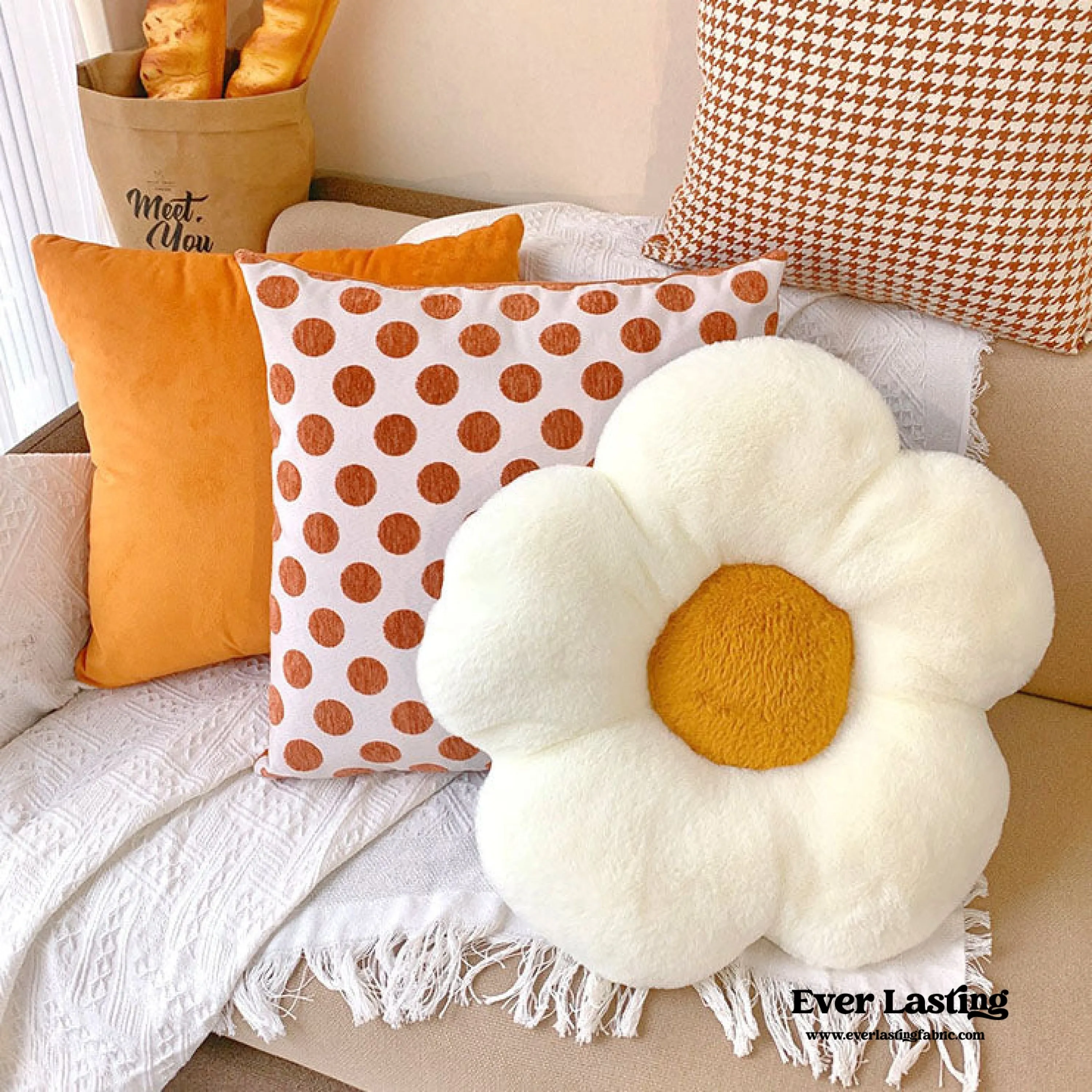 Orange Flower Pillow Set / Polka Dot