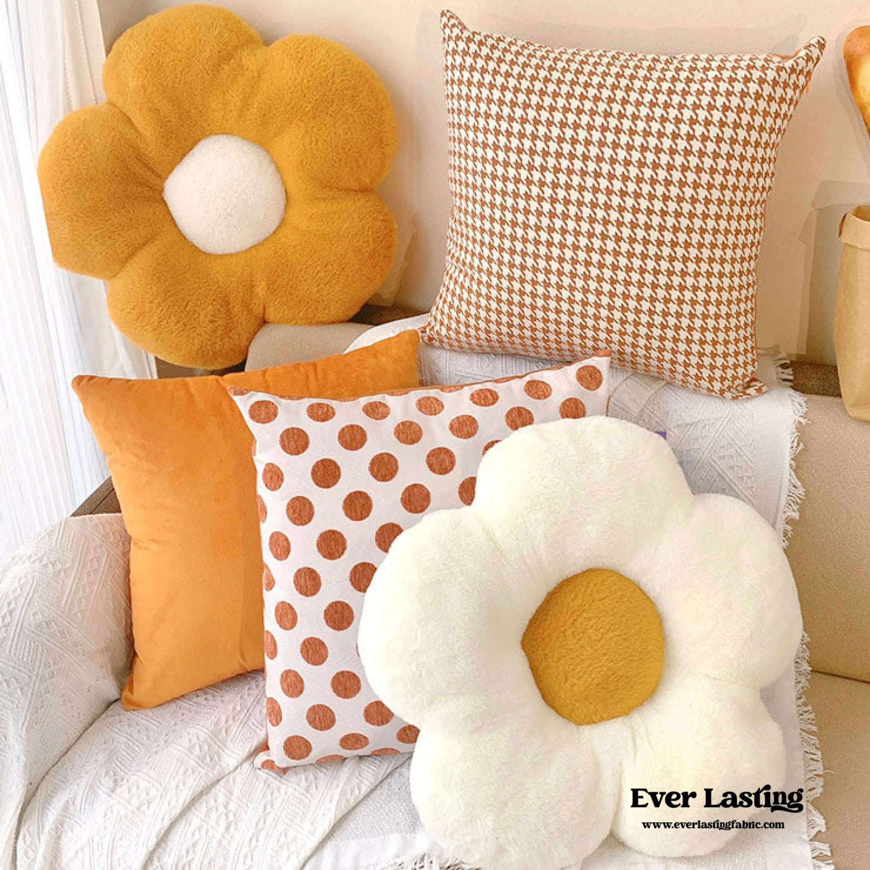 Orange Flower Pillow Set / Polka Dot