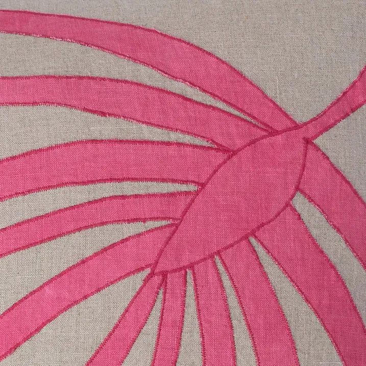 Palm frond pillow, natural linen with bright pink