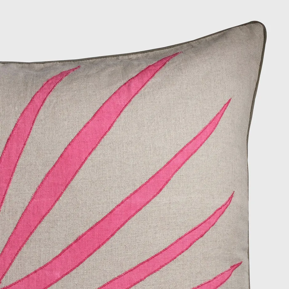 Palm frond pillow, natural linen with bright pink