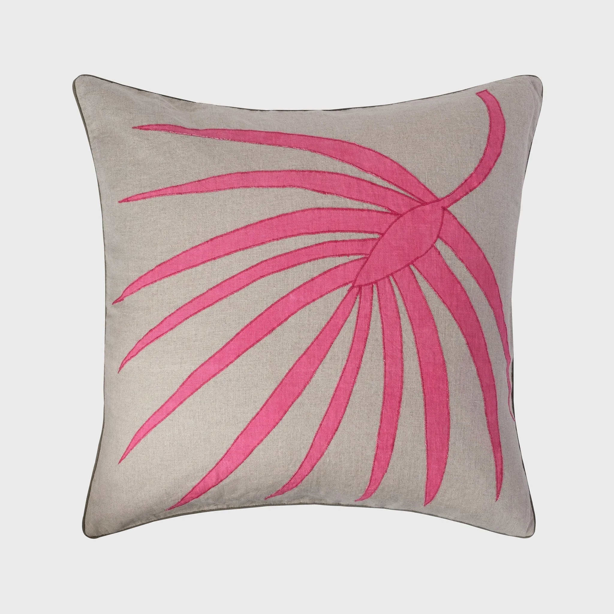 Palm frond pillow, natural linen with bright pink