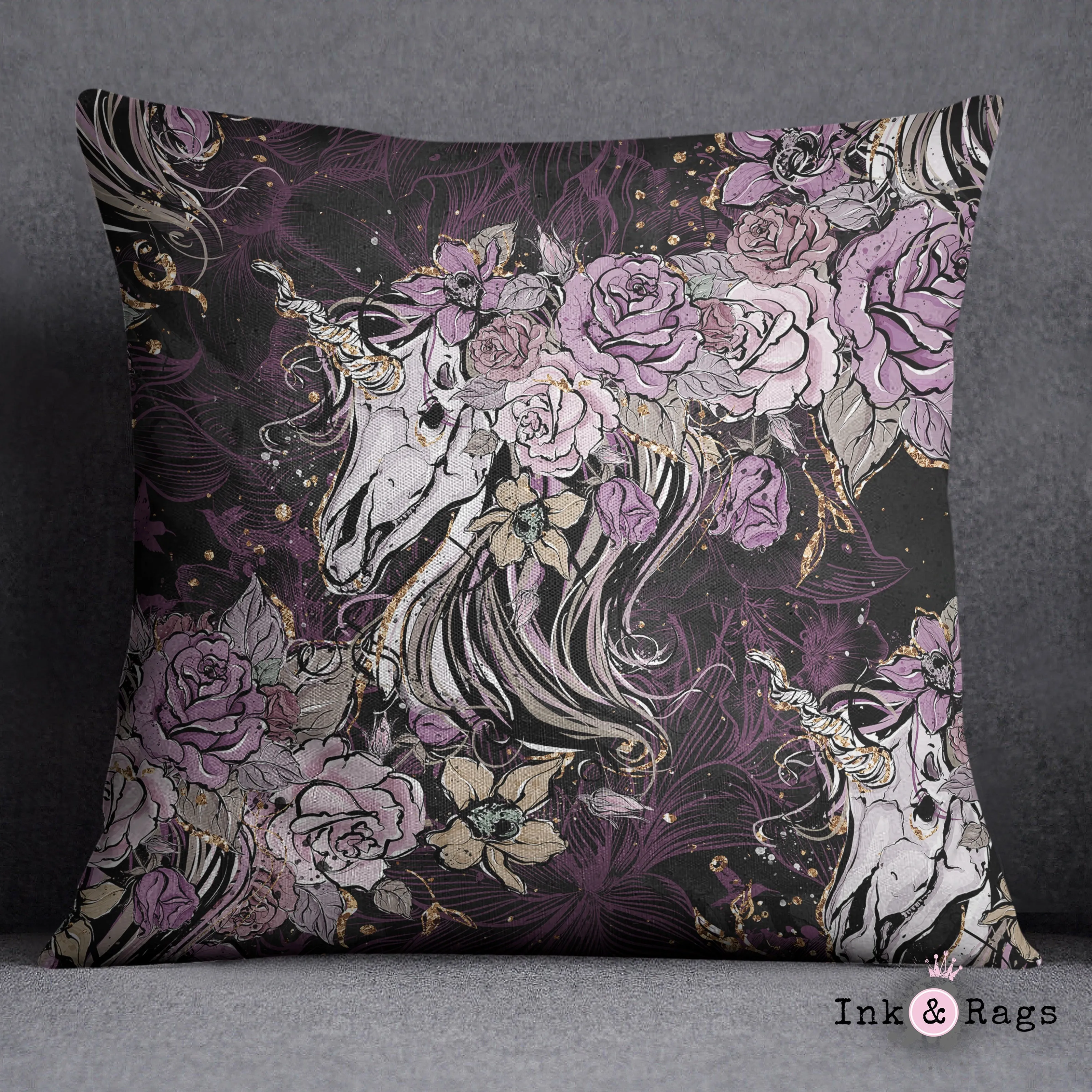 Purple Rose Unicorn Skull and Death Moth Decorative Throw and Pillow Cover Set