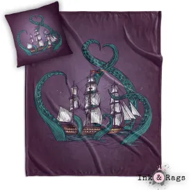 Teal and Purple Kraken Ship Decorative Throw and Pillow Cover Set