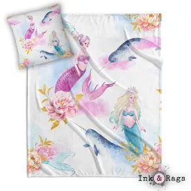 Watercolor Mermaid Narwhal and Peony Decorative Throw and Pillow Cover Set