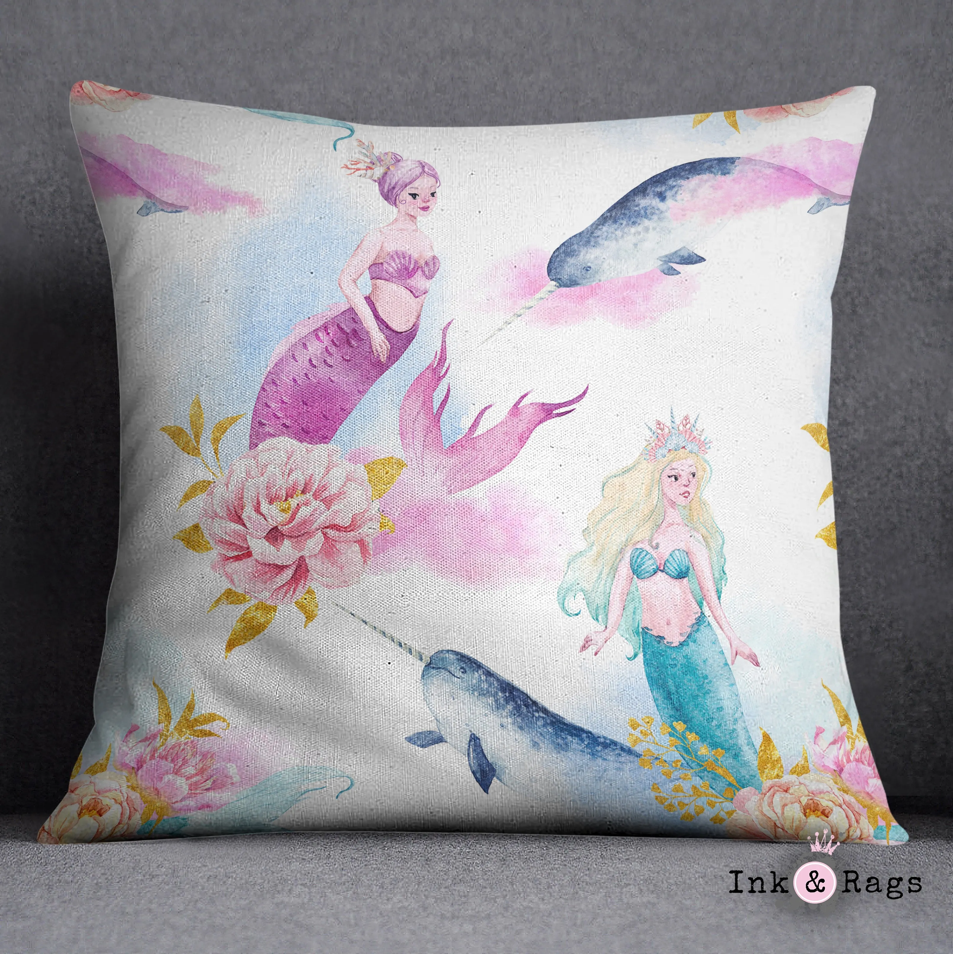 Watercolor Mermaid Narwhal and Peony Decorative Throw and Pillow Cover Set