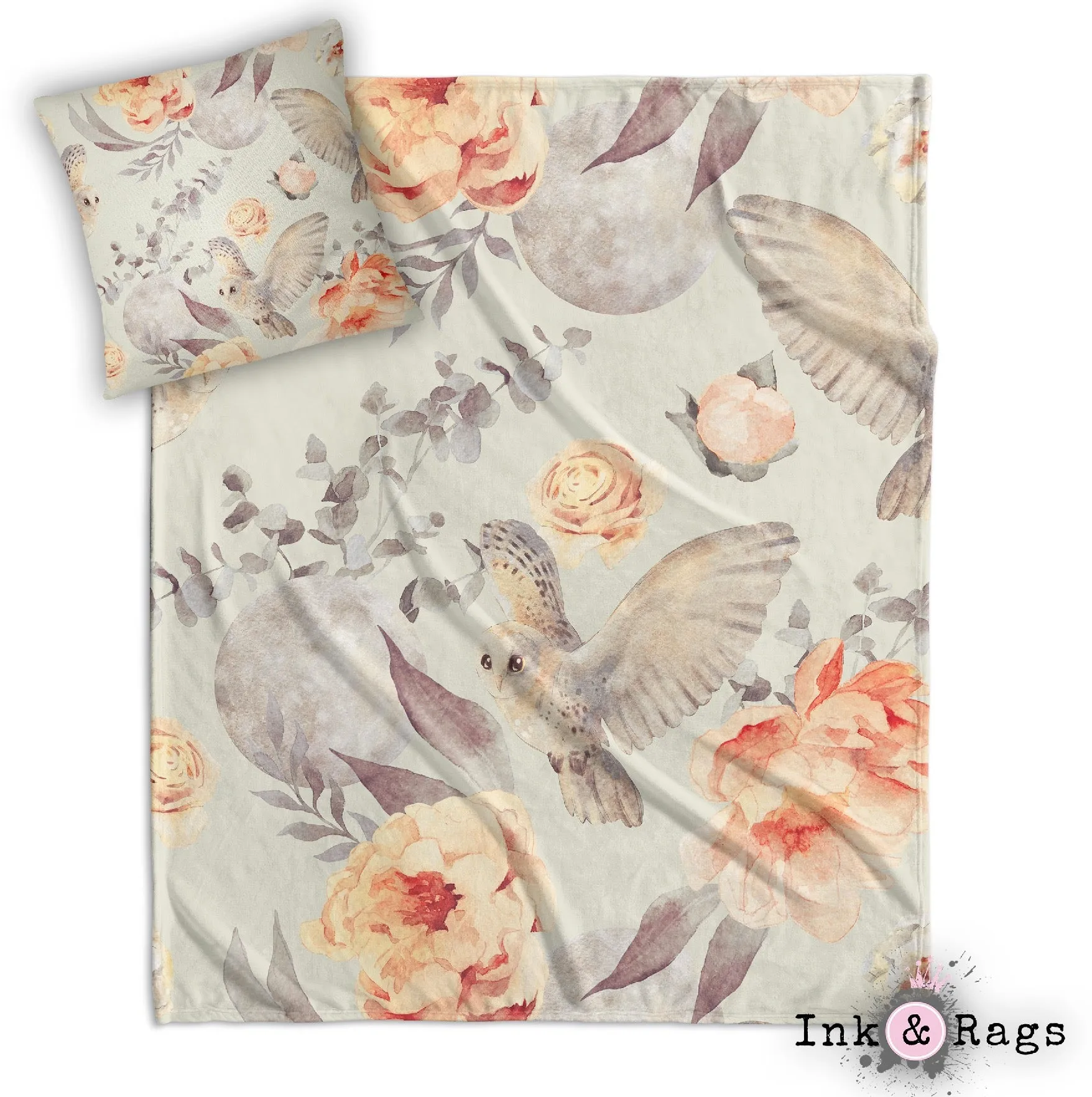 Watercolor Owl Moon and Rose Decorative Throw and Pillow Cover Set